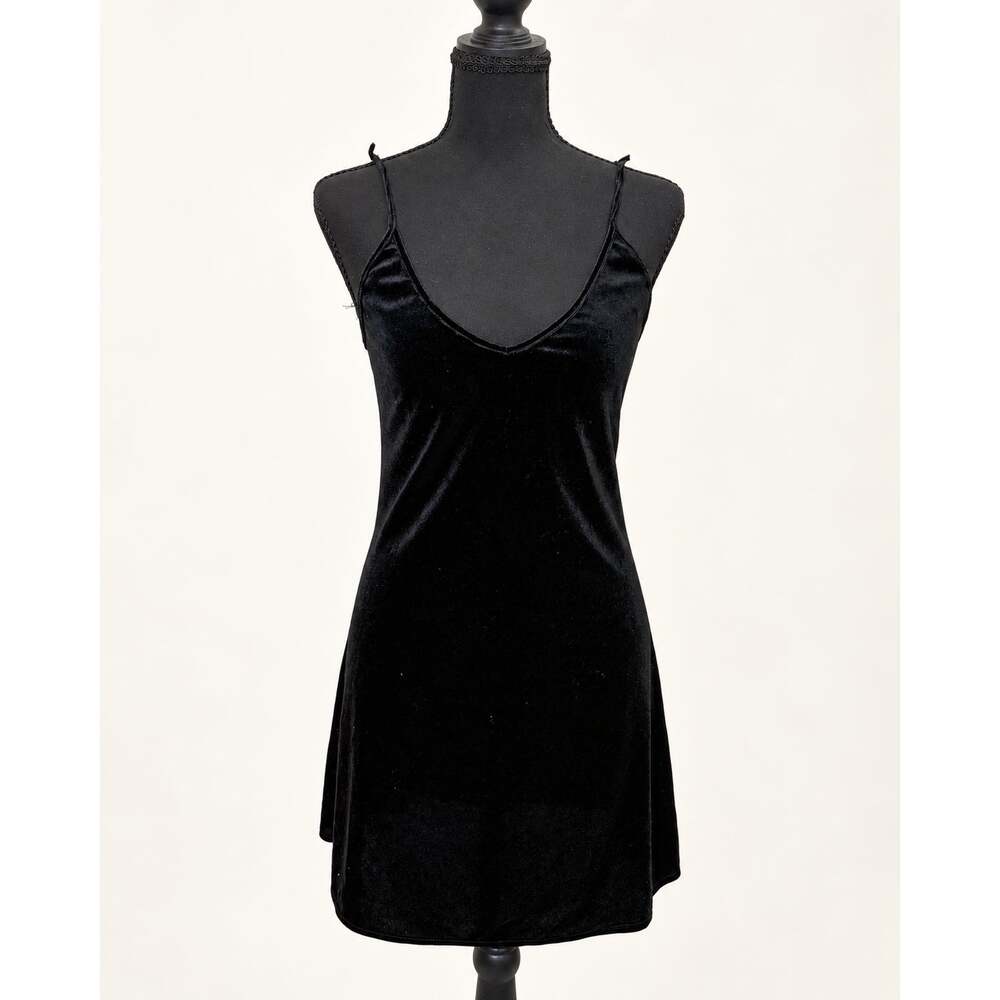 Brandy Melville Black Velvet V-Neck Mini Slip Dress Knotted Straps One Size Y2K